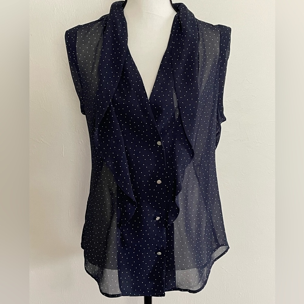Navy & White Polka Dot Love21 Buttoned Blouse with Back Tie